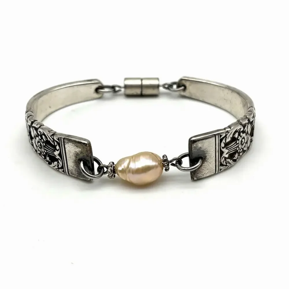 1950s Coronation Silver-plated Floral Spoon Bracelet w/ Freshwater Pearl 6.75